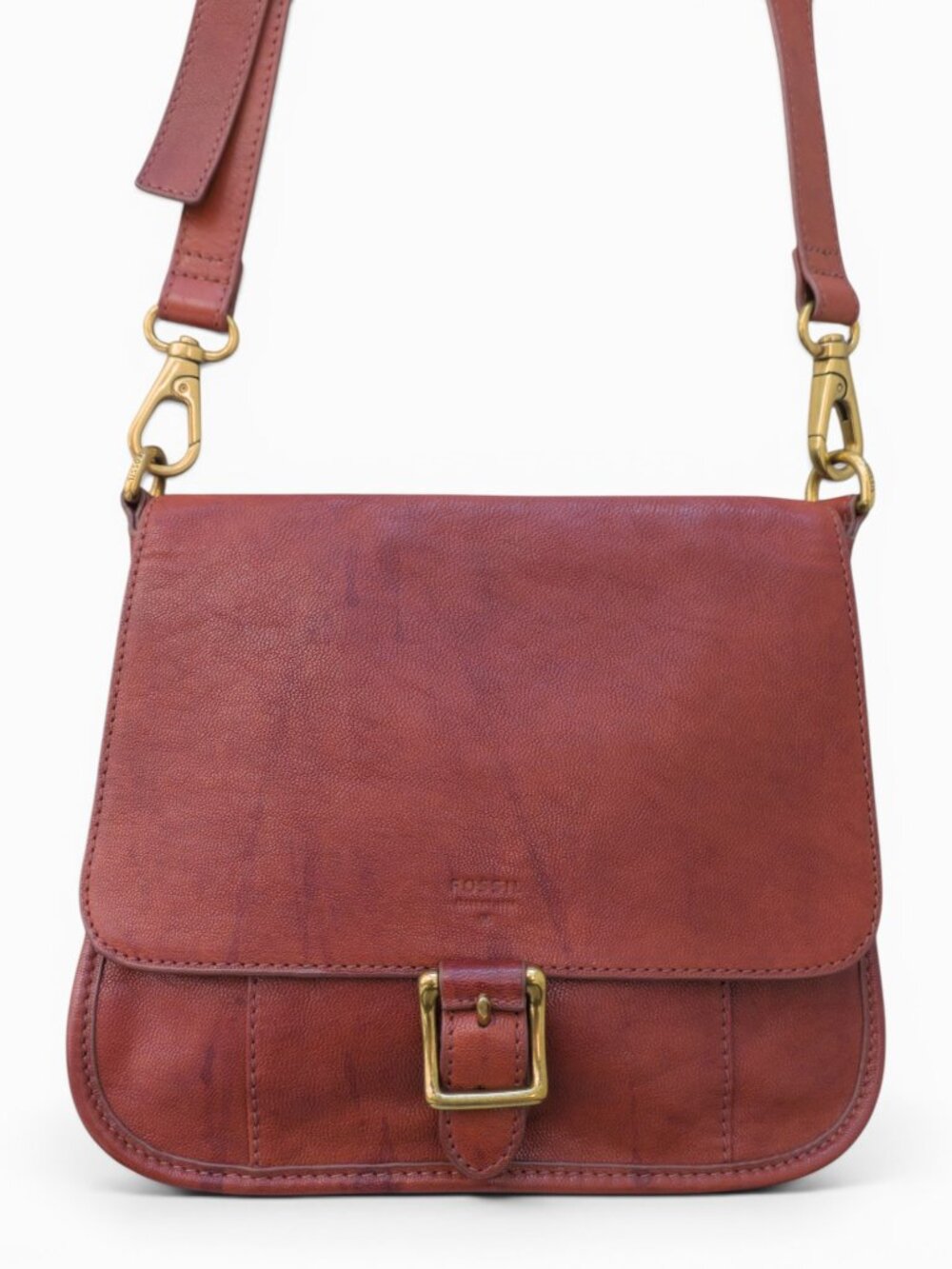 Fossil Tan Leather Crossbody Bag, Brass Hardware, Boho Saddle Style